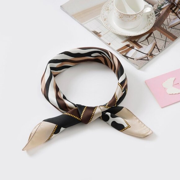 Women Brown Stripe Headscarf Satin Bandana Pattern Polyester Breathable Scarves - Picture 2 of 7